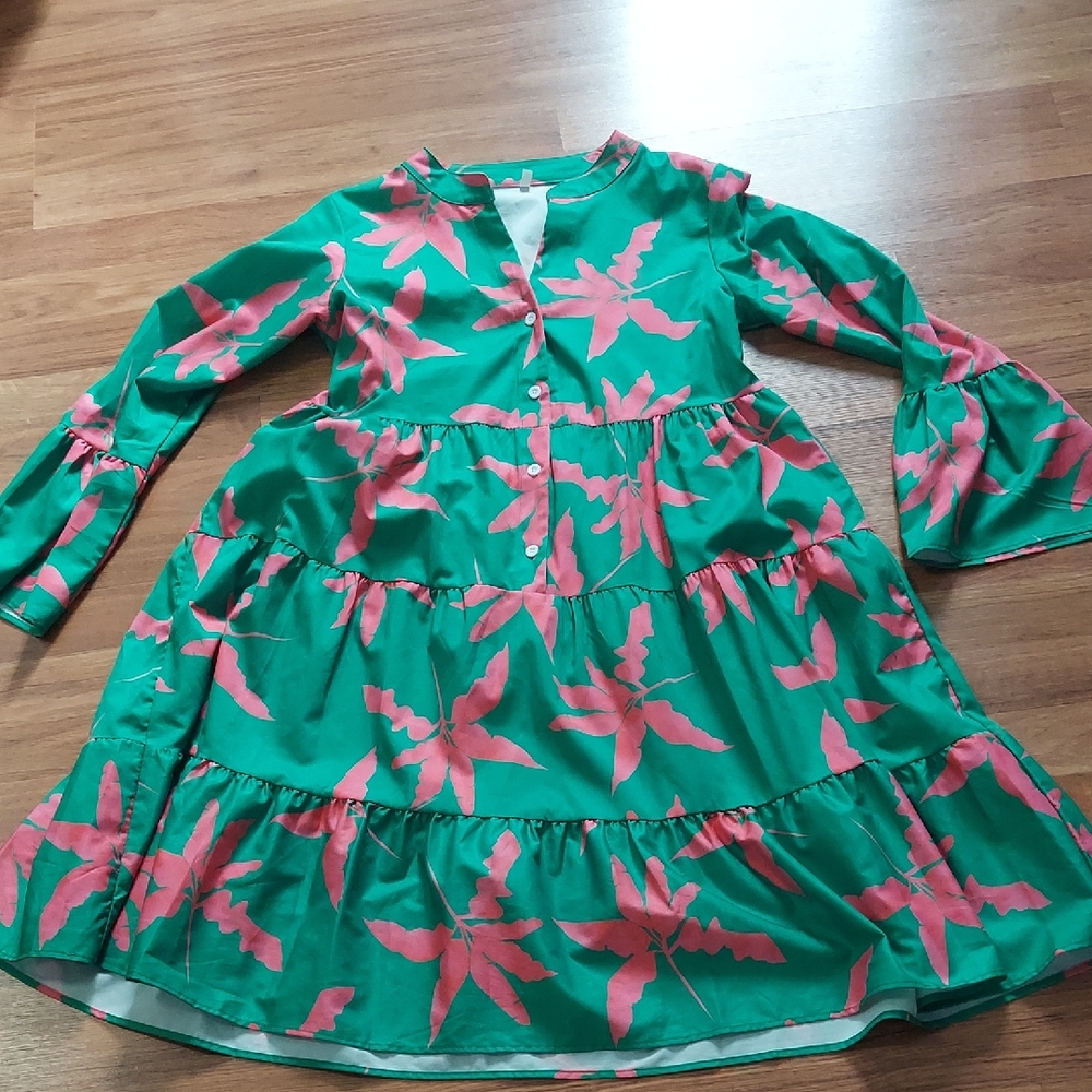 Green & Pink Floral Tiered Button Front Dress